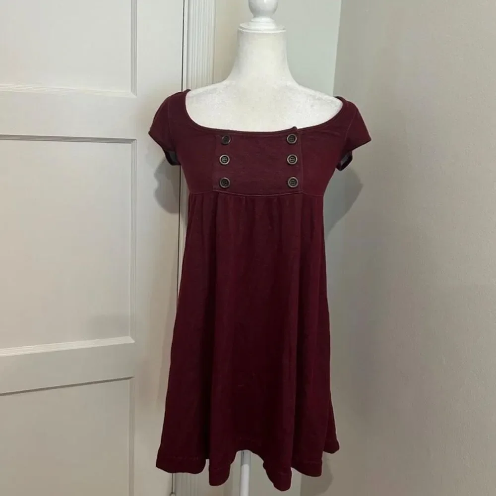 Vtg 90s Free People Women's Burgundy Babydoll Short Sleeve Dress Small